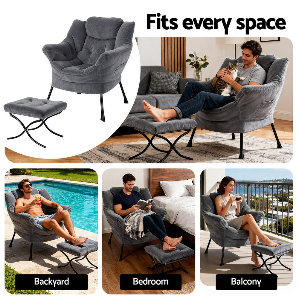 Arm Chairs & Recliners: Artiss Armchair Accent Chair Ottoman Lounge Footrest Velvet Grey