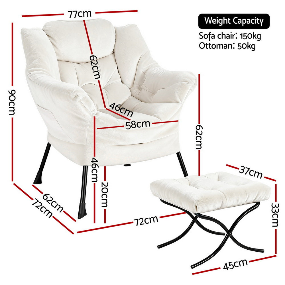 Arm Chairs & Recliners: Artiss Armchair Accent Chair Ottoman Lounge Footrest Velvet White
