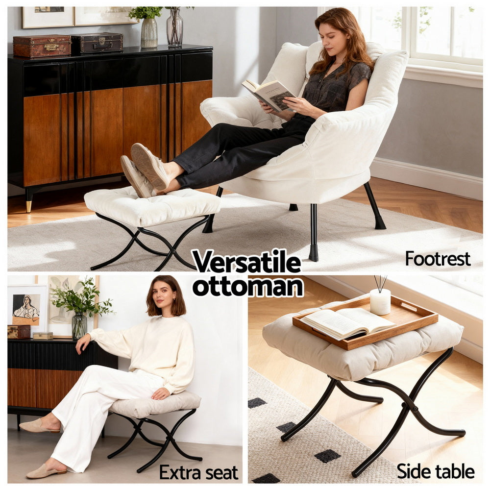 Arm Chairs & Recliners: Artiss Armchair Accent Chair Ottoman Lounge Footrest Velvet White
