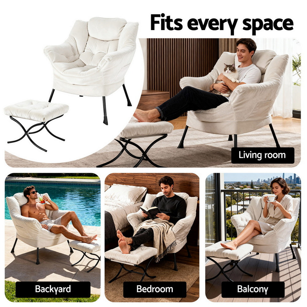 Arm Chairs & Recliners: Artiss Armchair Accent Chair Ottoman Lounge Footrest Velvet White