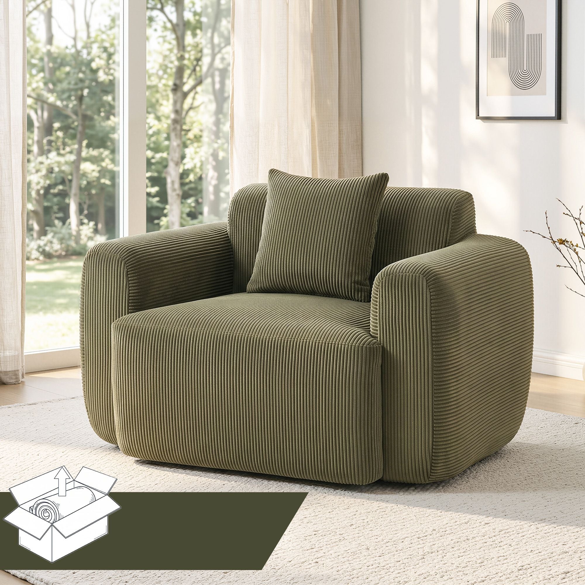 Artiss Compressed Armchair Sofa with Cushion Corduroy No Assembly Green