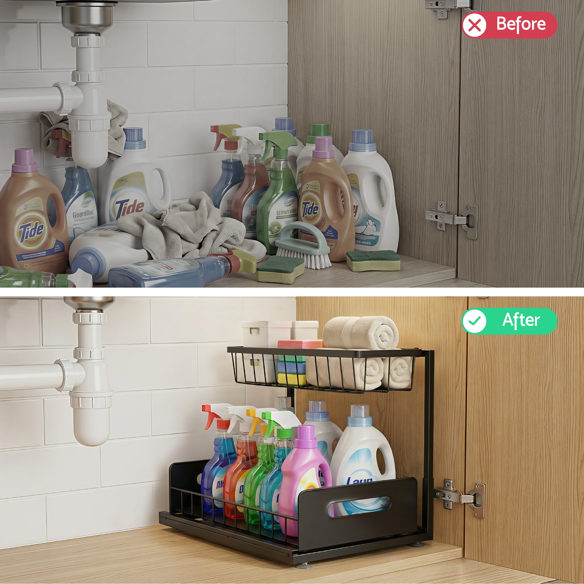 Bathroom Cabinets, Cupboards & Storage: Artiss Under Sink Organizer Storage L Shape 1 Pull Out Drawers Kitchen Cabinet Shelf
