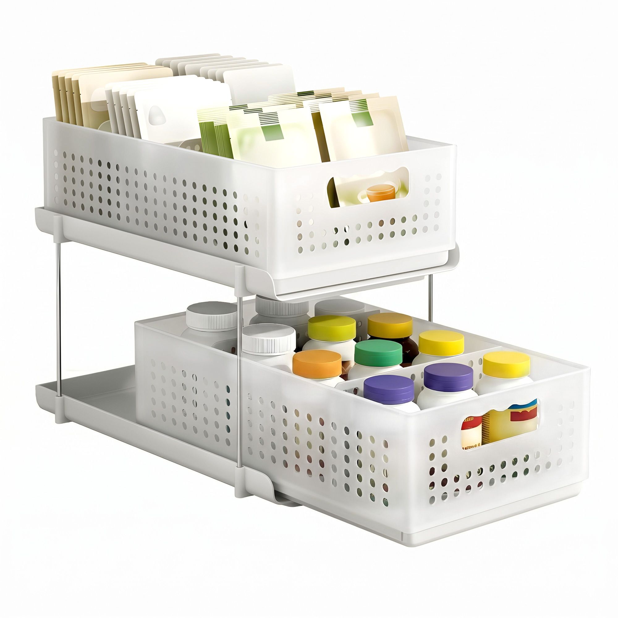 Artiss Under Sink Organizer 2 Tier Pull Out Drawer with Removable Baskets & Divider White