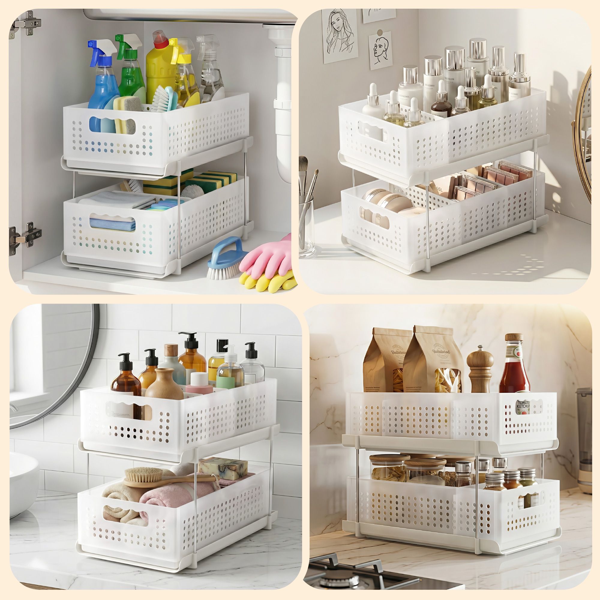 Artiss Under Sink Organizer 2 Tier Pull Out Drawer with Removable Baskets & Divider White