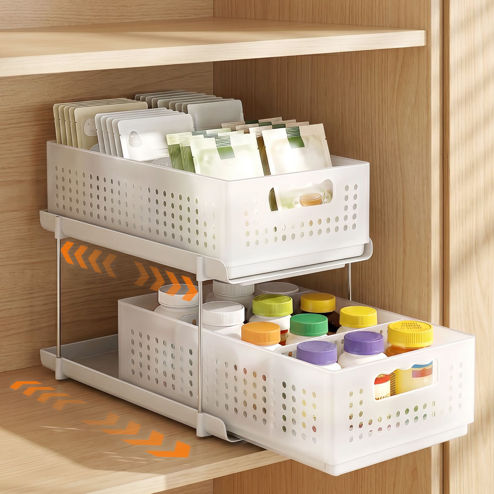 Artiss Under Sink Organizer 2 Tier Pull Out Drawer with Removable Baskets & Divider White