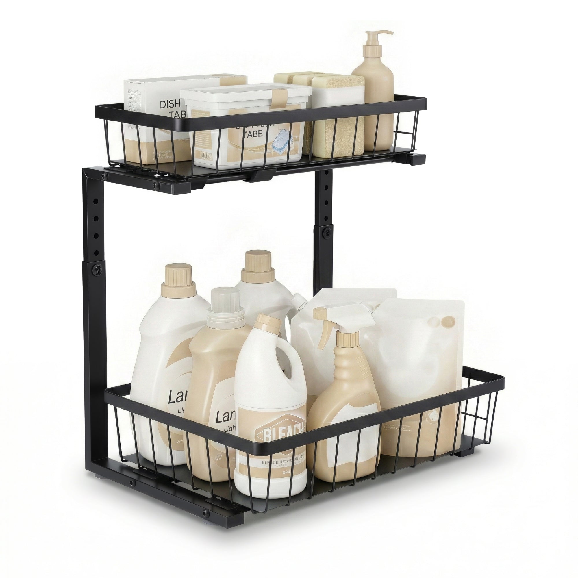 Kitchen & Dining Trolleys: Artiss Under Sink Organizer Storage with 2 Slide Out Drawers 5 Adjustable Height Bathroom Kitchen Cabinet Black