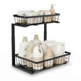 Kitchen & Dining Trolleys: Artiss Under Sink Organizer Storage with 2 Slide Out Drawers 5 Adjustable Height Bathroom Kitchen Cabinet Black