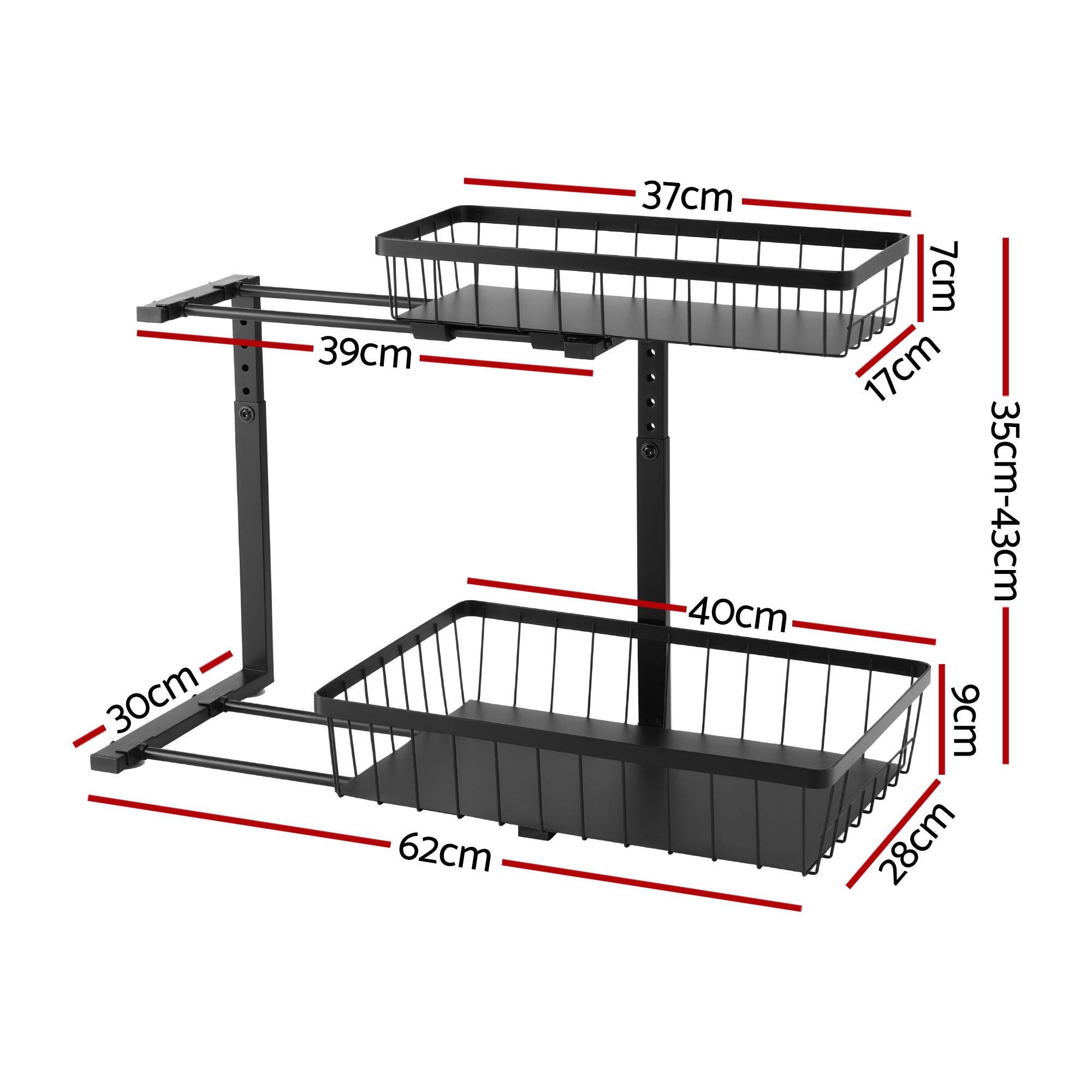 Kitchen & Dining Trolleys: Artiss Under Sink Organizer Storage with 2 Slide Out Drawers 5 Adjustable Height Bathroom Kitchen Cabinet Black