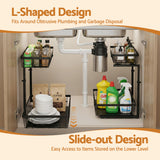 Kitchen & Dining Trolleys: Artiss Under Sink Organizer Storage with 2 Slide Out Drawers 5 Adjustable Height Bathroom Kitchen Cabinet Black