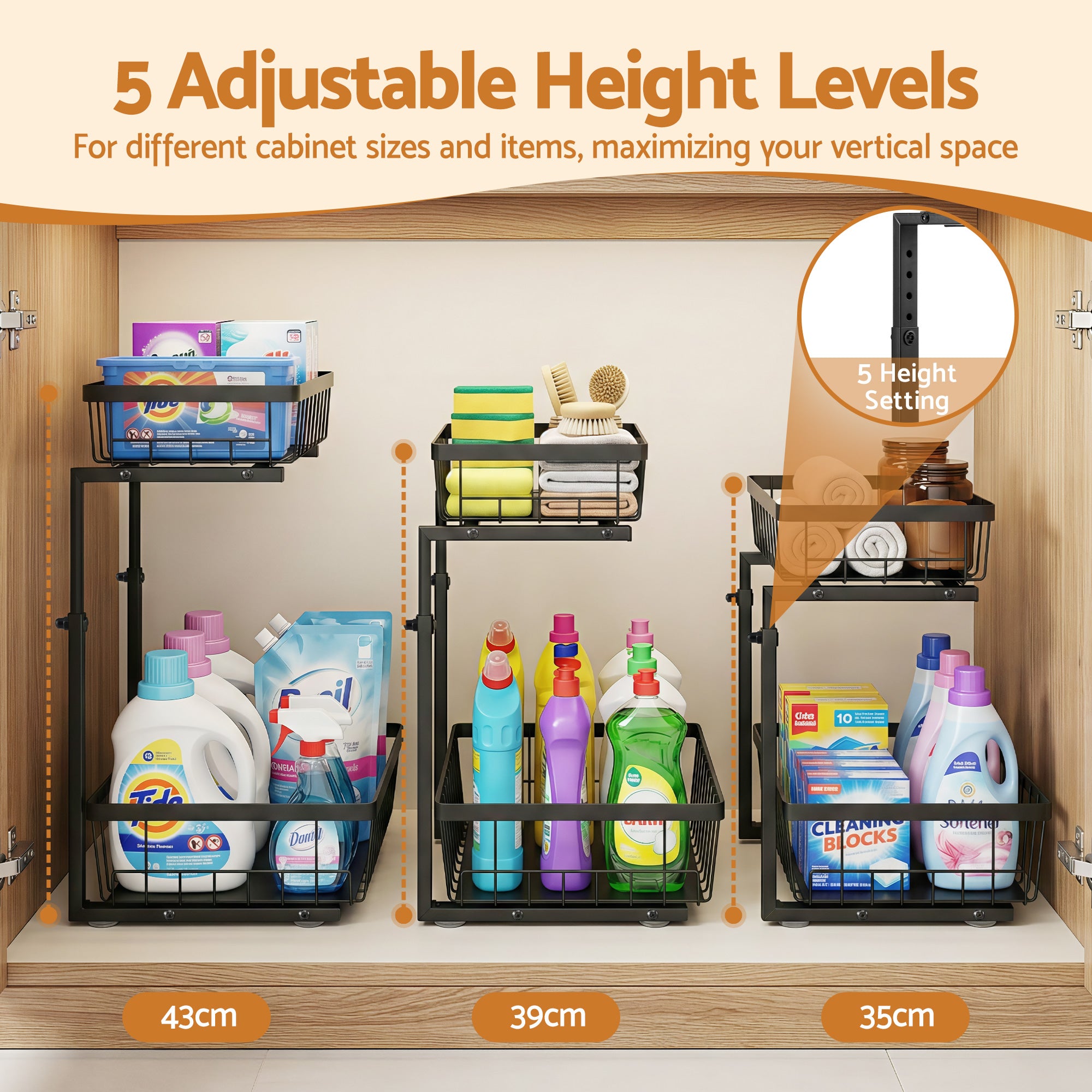 Kitchen & Dining Trolleys: Artiss Under Sink Organizer Storage with 2 Slide Out Drawers 5 Adjustable Height Bathroom Kitchen Cabinet Black