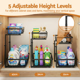 Kitchen & Dining Trolleys: Artiss Under Sink Organizer Storage with 2 Slide Out Drawers 5 Adjustable Height Bathroom Kitchen Cabinet Black