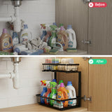Kitchen & Dining Trolleys: Artiss Under Sink Organizer Storage with 2 Slide Out Drawers 5 Adjustable Height Bathroom Kitchen Cabinet Black