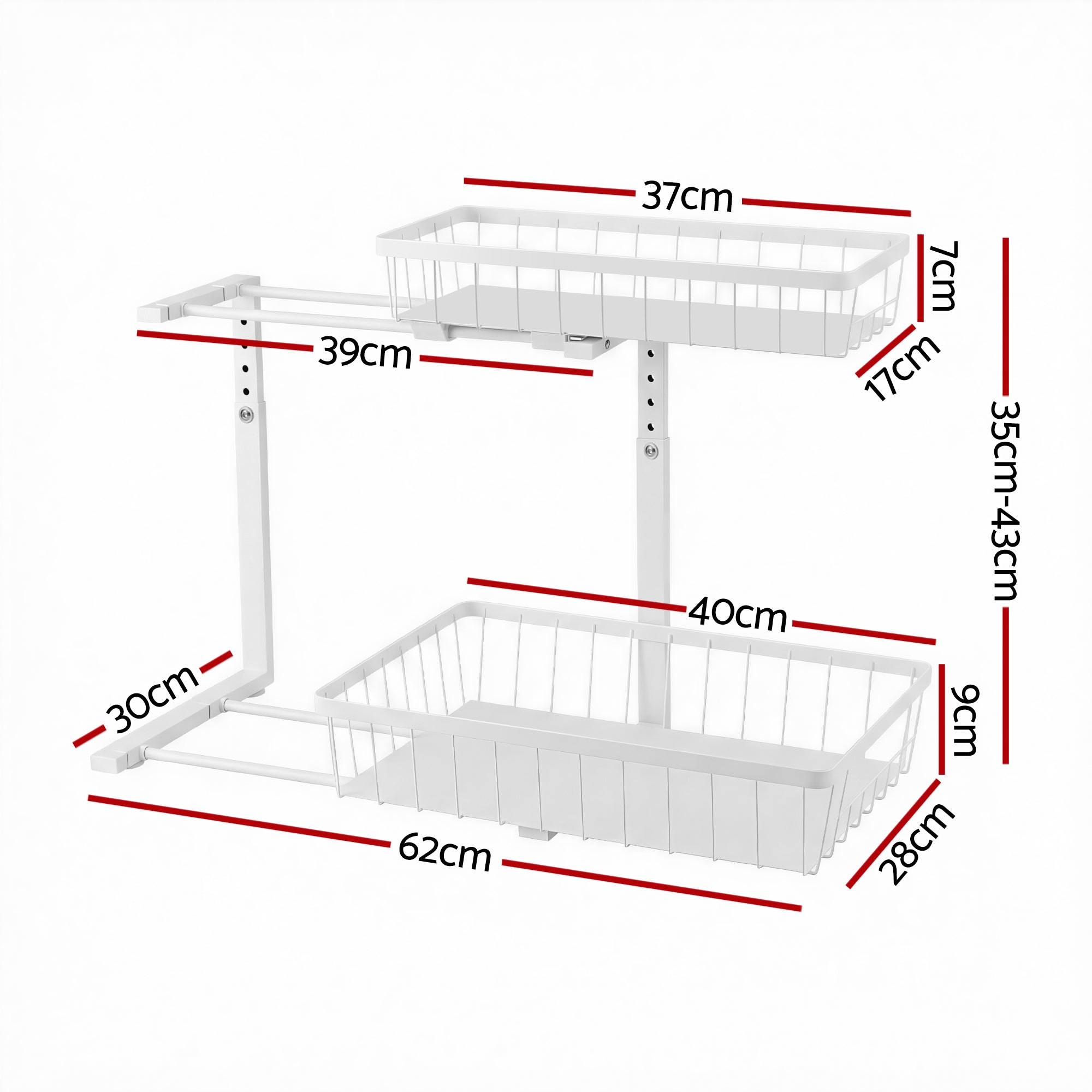 Kitchen & Dining Trolleys: Artiss Under Sink Organizer Storage with 2 Slide Out Drawers 5 Adjustable Height Bathroom Kitchen Cabinet