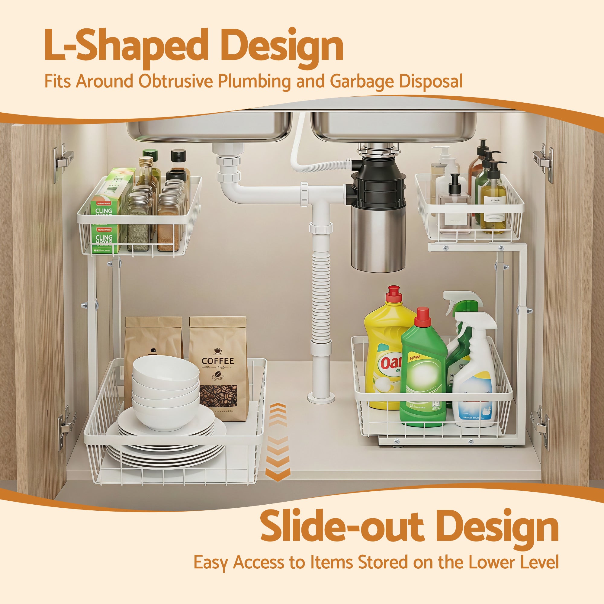 Kitchen & Dining Trolleys: Artiss Under Sink Organizer Storage with 2 Slide Out Drawers 5 Adjustable Height Bathroom Kitchen Cabinet