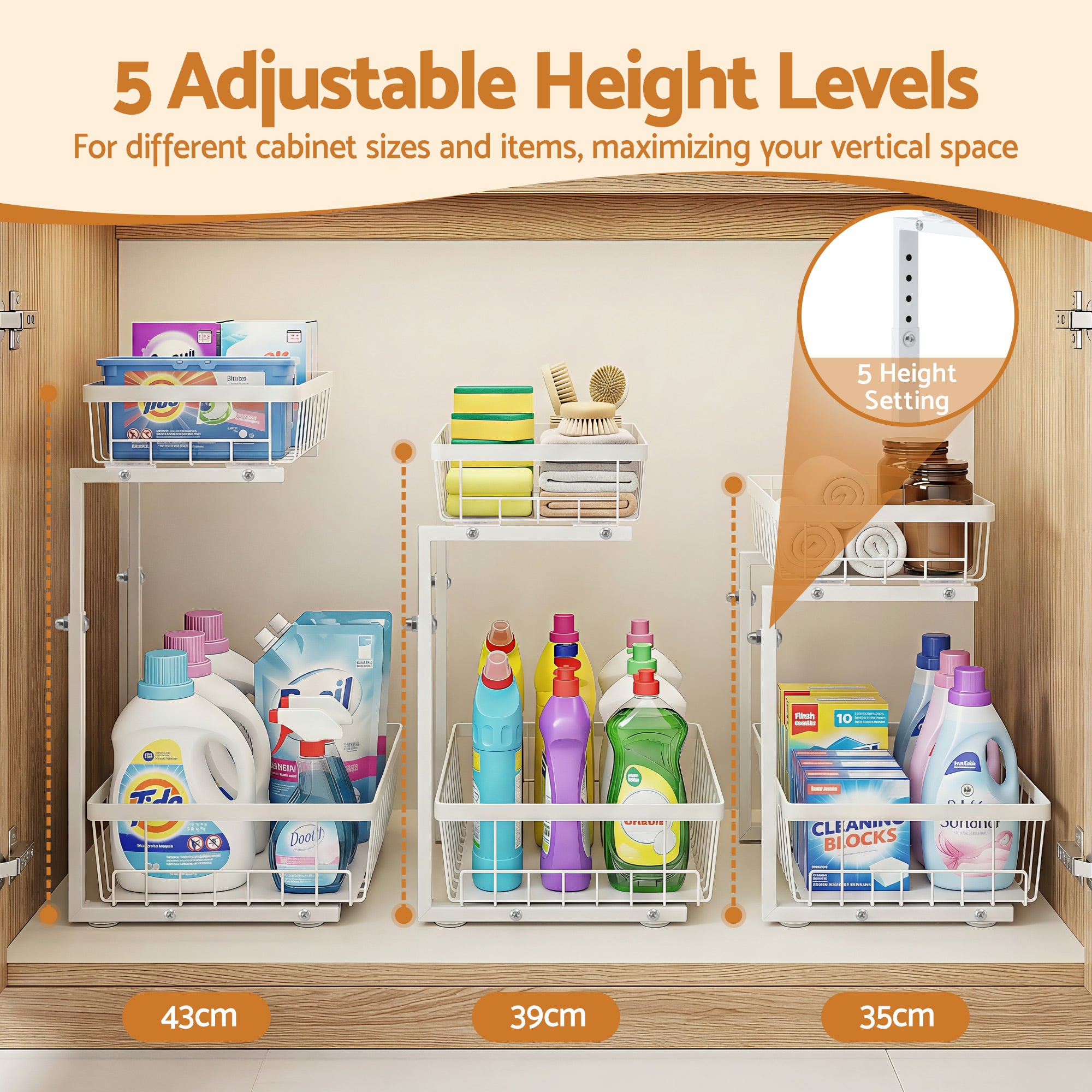 Kitchen & Dining Trolleys: Artiss Under Sink Organizer Storage with 2 Slide Out Drawers 5 Adjustable Height Bathroom Kitchen Cabinet
