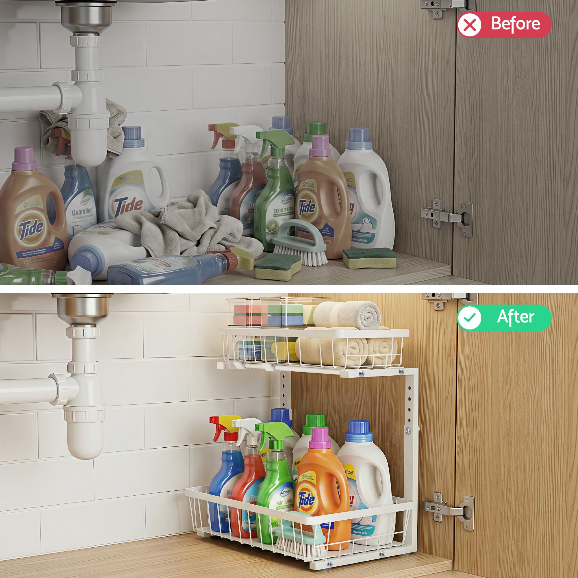 Kitchen & Dining Trolleys: Artiss Under Sink Organizer Storage with 2 Slide Out Drawers 5 Adjustable Height Bathroom Kitchen Cabinet