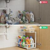 Kitchen & Dining Trolleys: Artiss Under Sink Organizer Storage with 2 Slide Out Drawers 5 Adjustable Height Bathroom Kitchen Cabinet