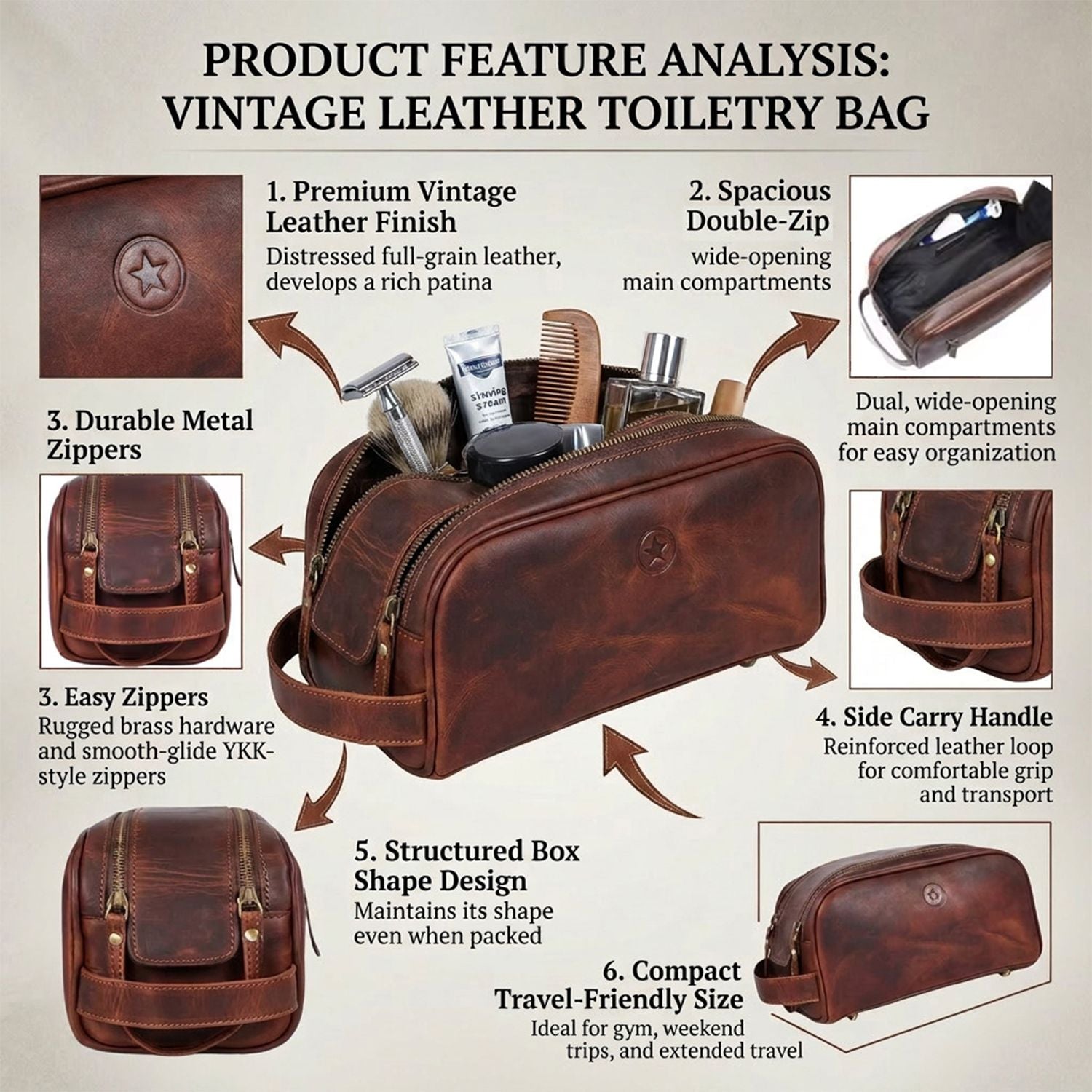 Leather Toiletry Bag for Men Leather Unisex Make-up Bag Travel Dopp Kit