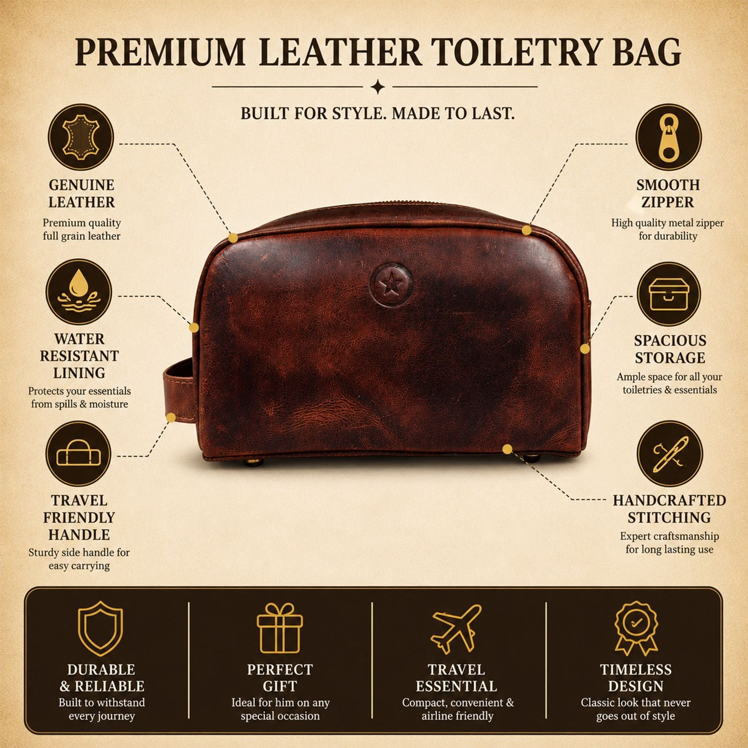 Leather Toiletry Bag for Men Leather Unisex Make-up Bag Travel Dopp Kit