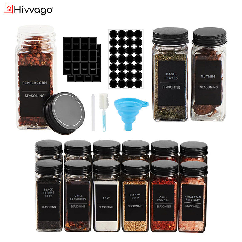Salt & Pepper Shakers: Hivvago 12 Pack Glass Spice Jar Set 120ml Airtight Square Jars with Shaker Lids Labels Funnel and Brush