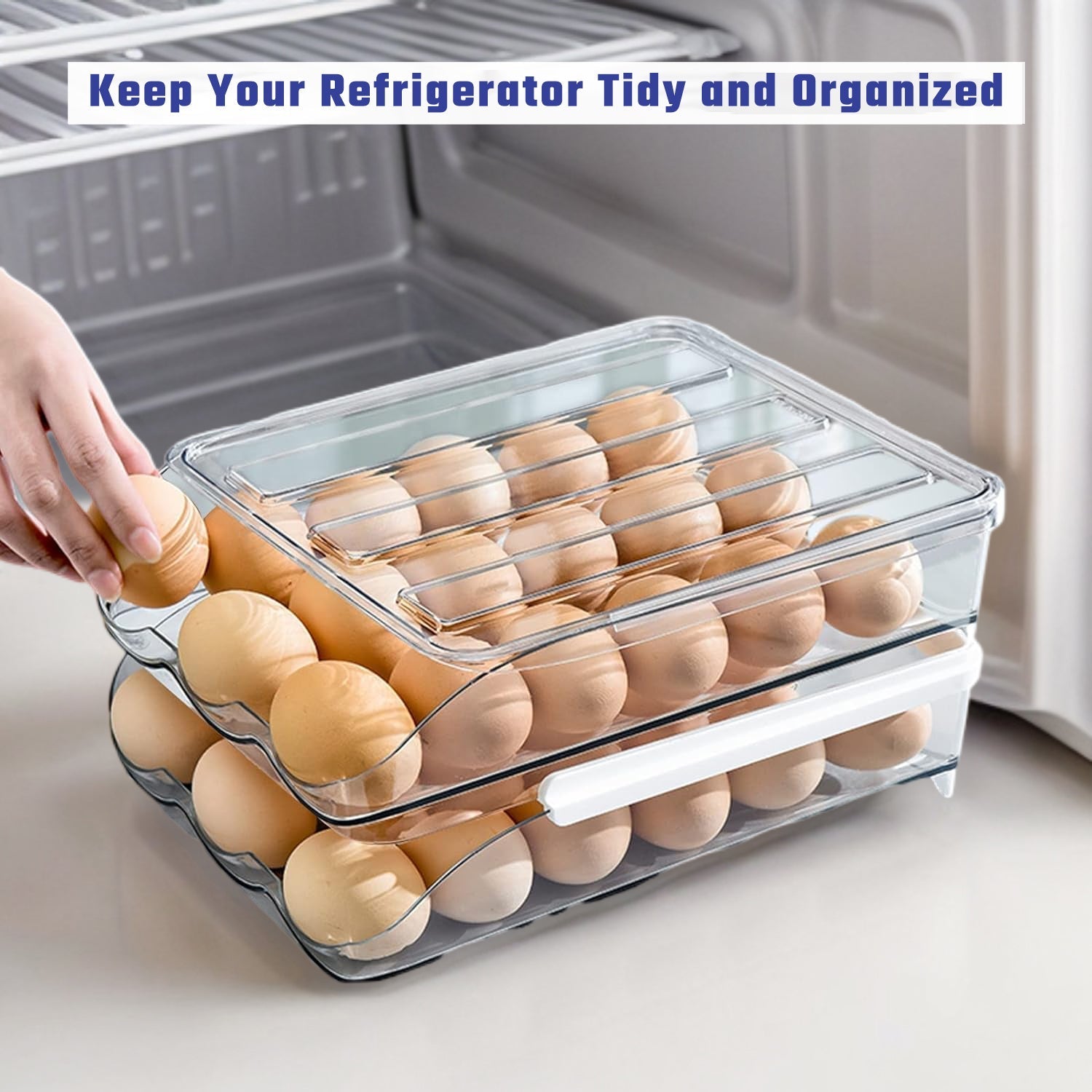 Food Storage: Hivvago 2 Layers Automatic Rolling Clear Egg Refrigerator Organizer with Lid