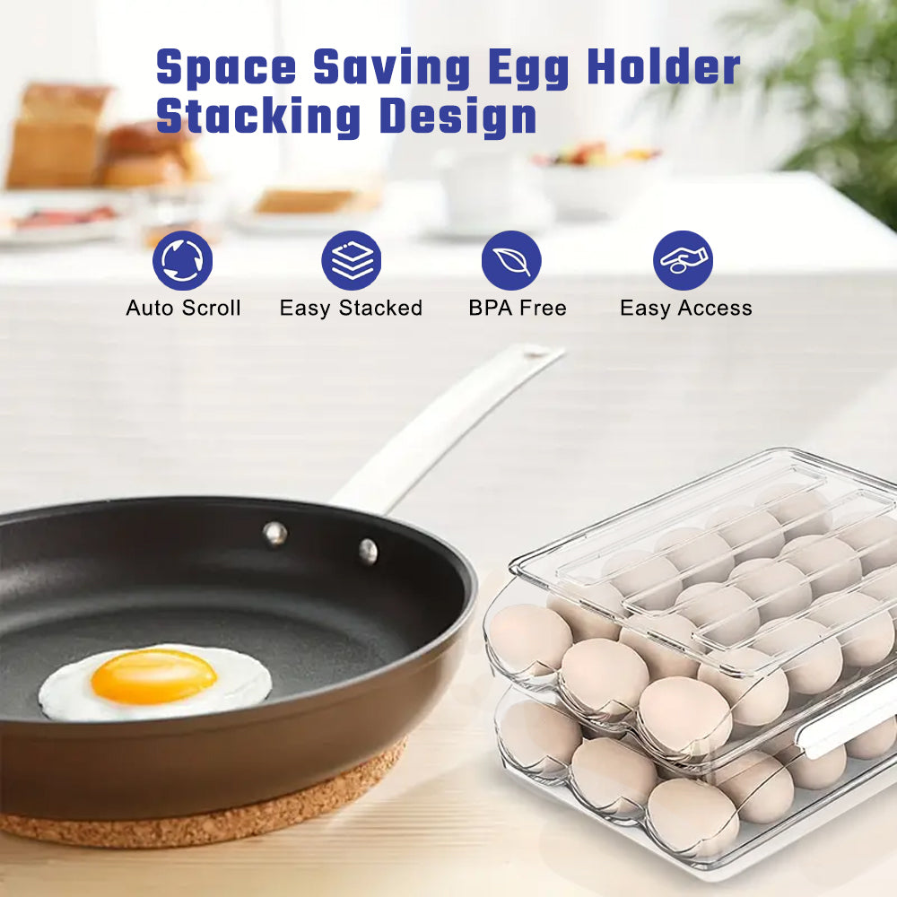 Food Storage: Hivvago 2 Layers Automatic Rolling Clear Egg Refrigerator Organizer with Lid