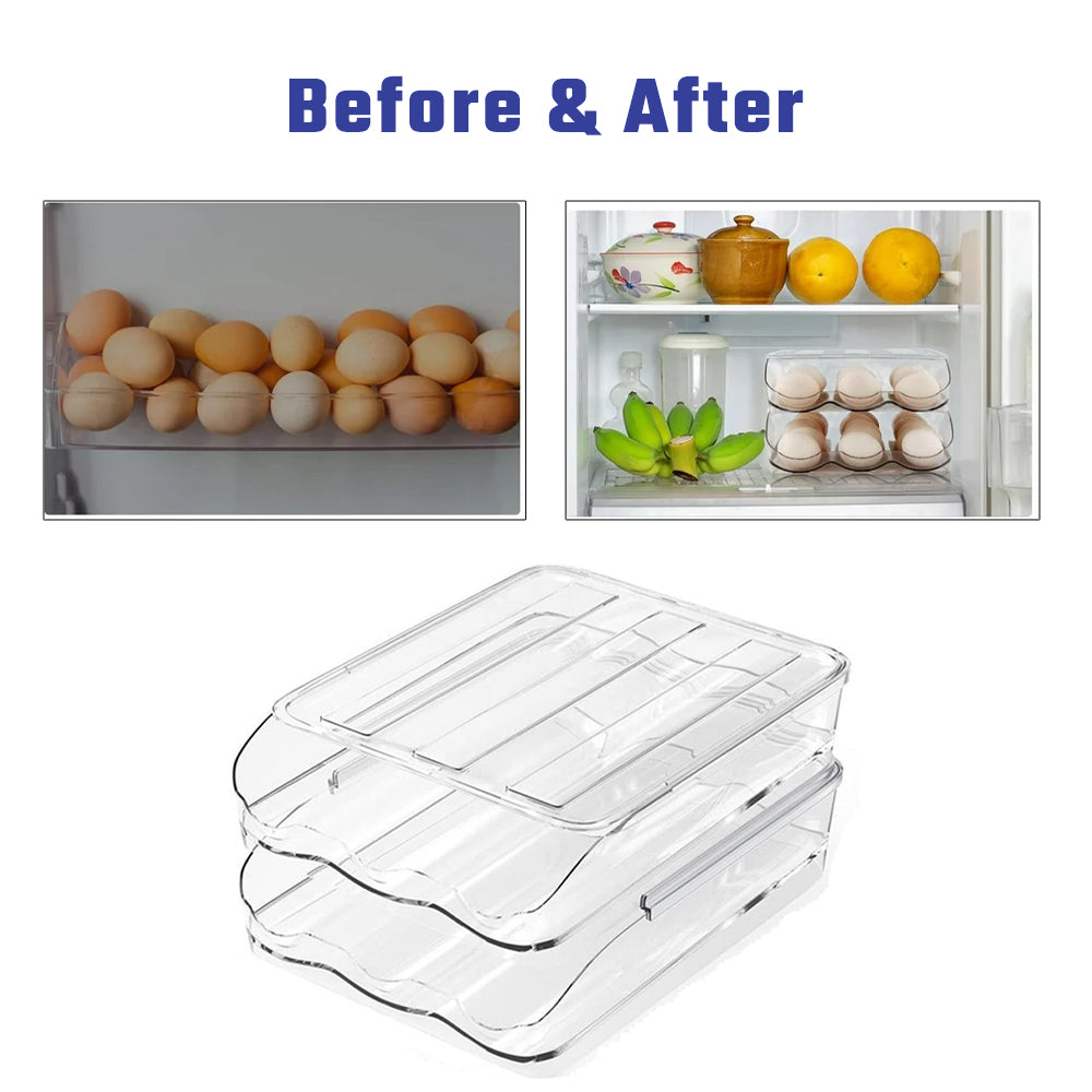 Food Storage: Hivvago 2 Layers Automatic Rolling Clear Egg Refrigerator Organizer with Lid