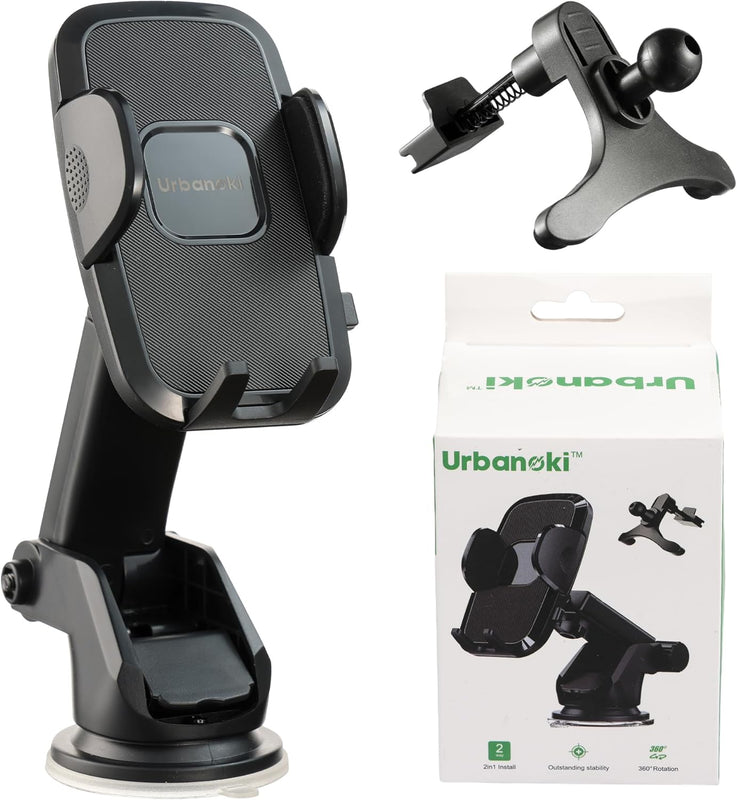 Car Mounts: Urbanoki 4 in 1 Car Phone Holder Dashboard Windshield Vent Mount for All Phones - Black