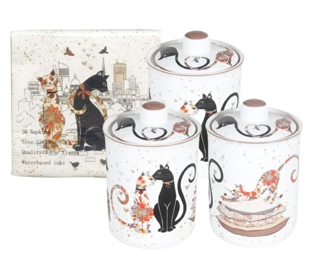 Food Storage: Cat Couple Embossed Canisters — Bone China Storage Set + Matching Napkins