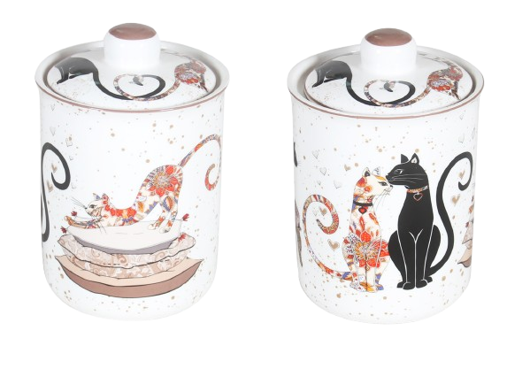 Food Storage: Cat Couple Embossed Canisters — Bone China Storage Set + Matching Napkins