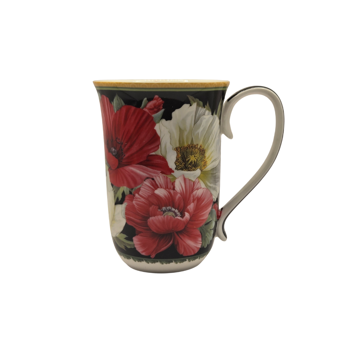 Drinkware: Elegant Poppies Fine Bone China Mug - 405ml Black Floral Teacup