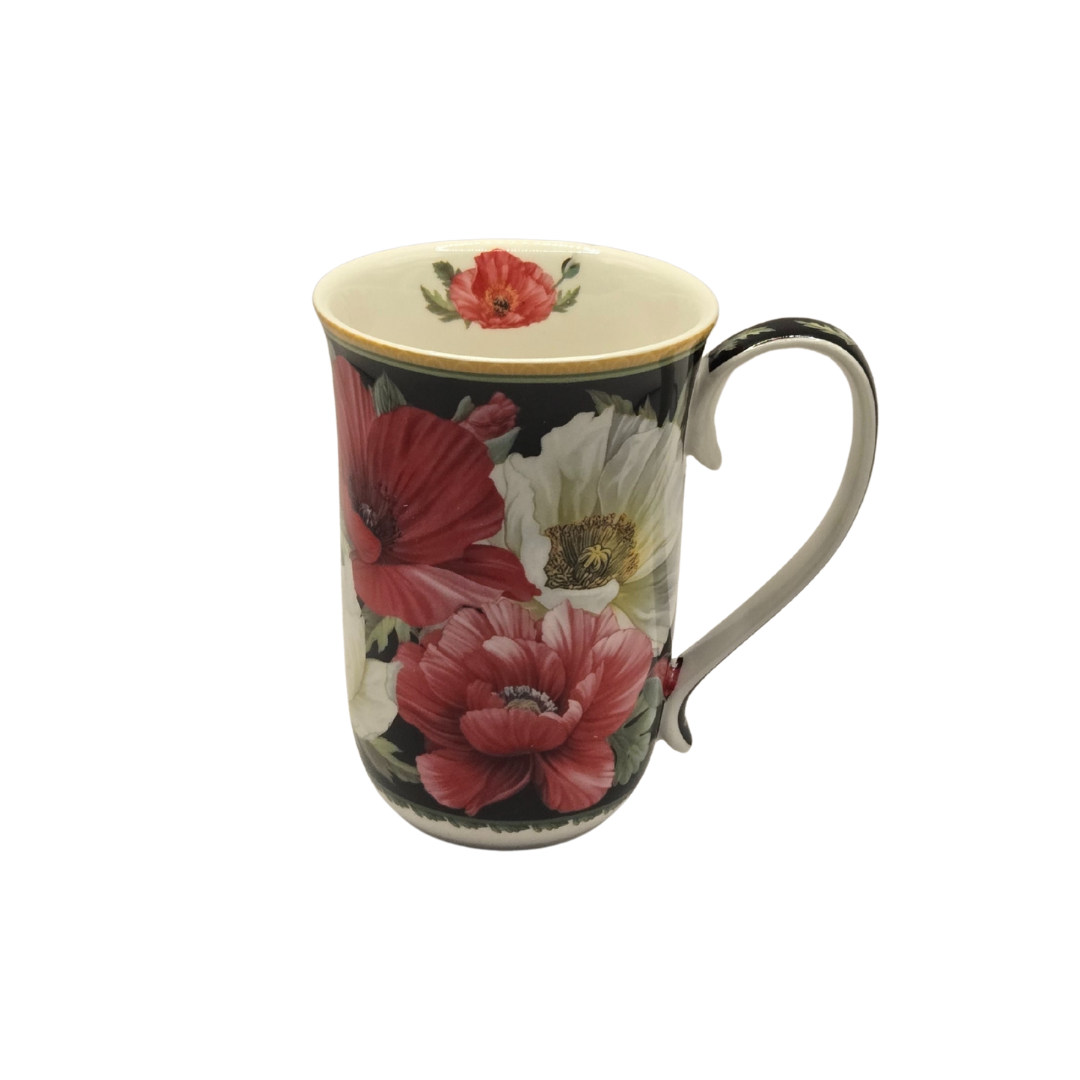 Drinkware: Elegant Poppies Fine Bone China Mug - 405ml Black Floral Teacup