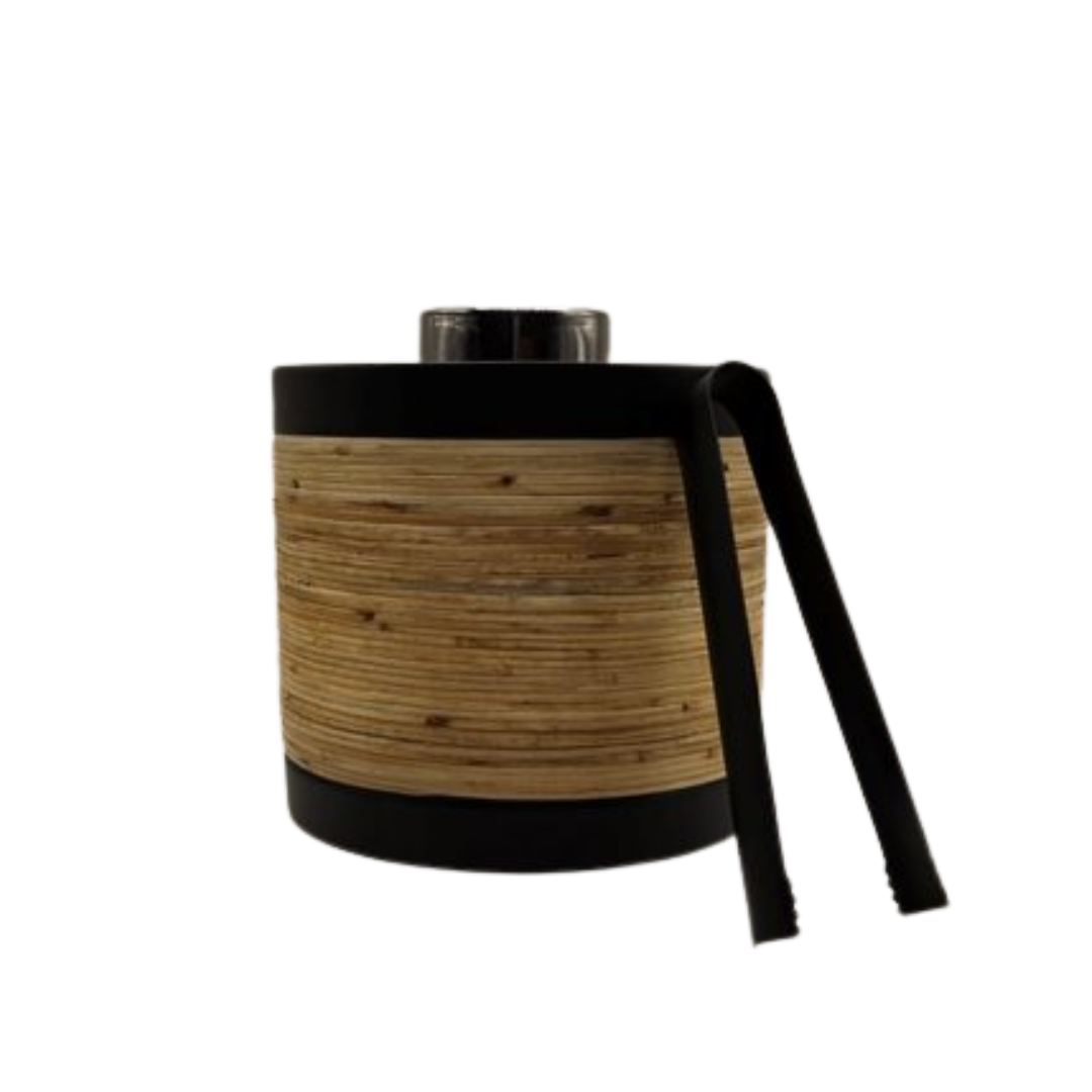 Drinkware: Plantation Ice Bucket with Tongs - Matte Black & Rattan | Stainless Steel Barware