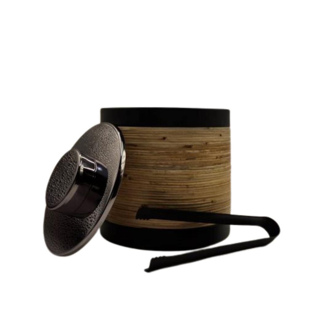 Drinkware: Plantation Ice Bucket with Tongs - Matte Black & Rattan | Stainless Steel Barware