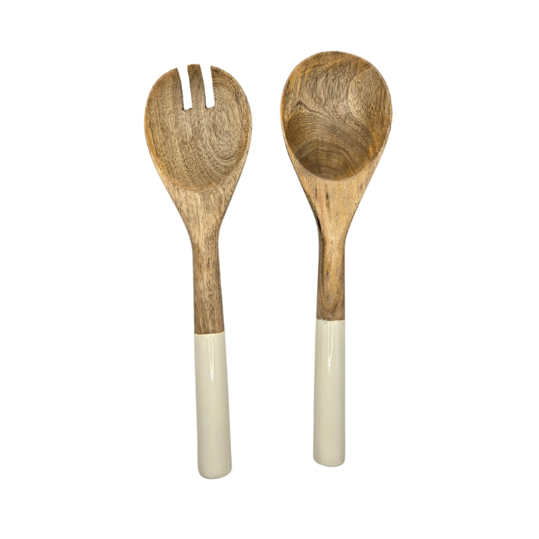 Cutlery: Handcrafted Mango Wood & Enamel Salad Server Set - Sustainable Serving Utensils