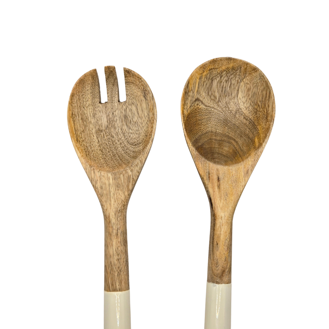 Cutlery: Handcrafted Mango Wood & Enamel Salad Server Set - Sustainable Serving Utensils