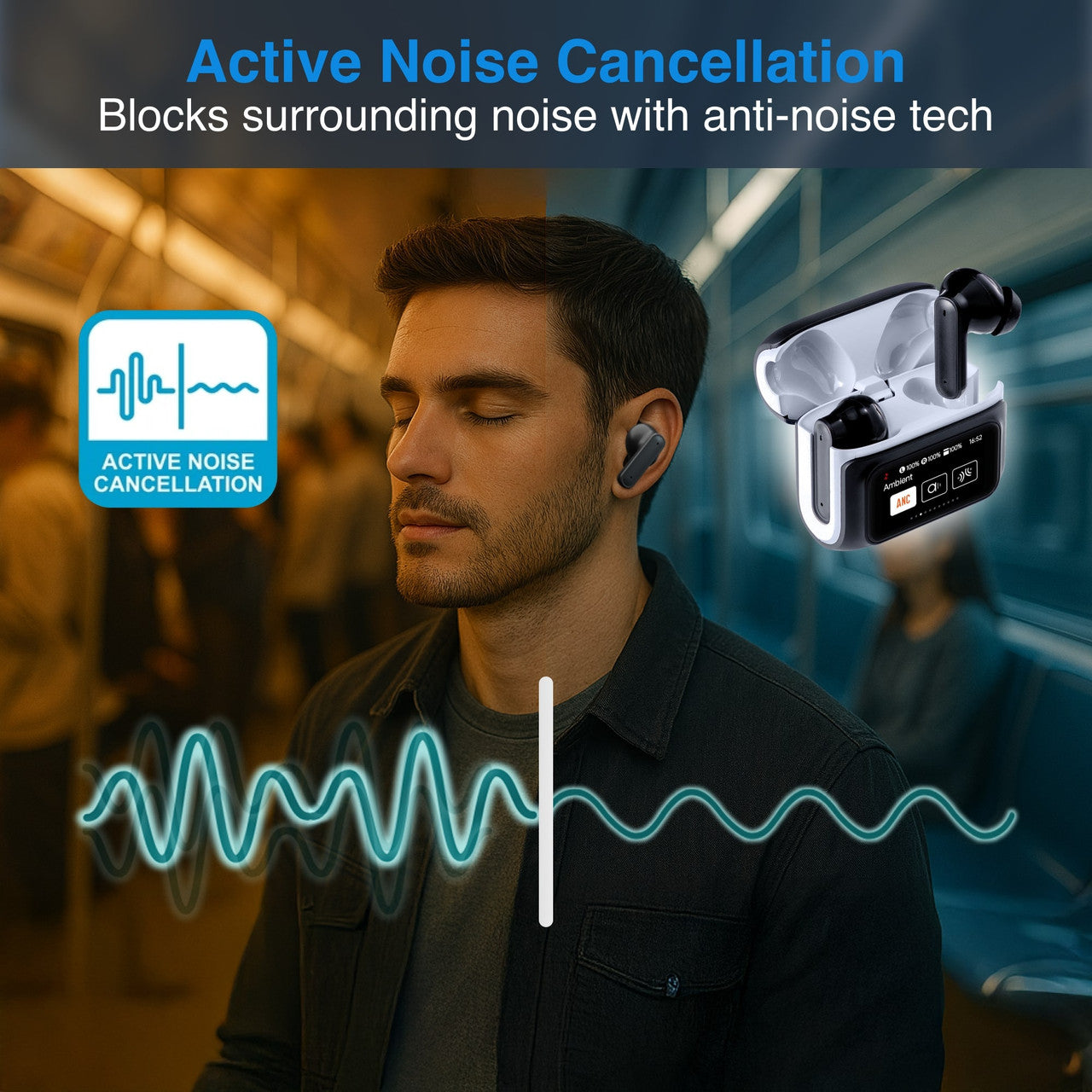 Over Ear Headphones: Laser TWS Earbuds ANC with Touch Display Black