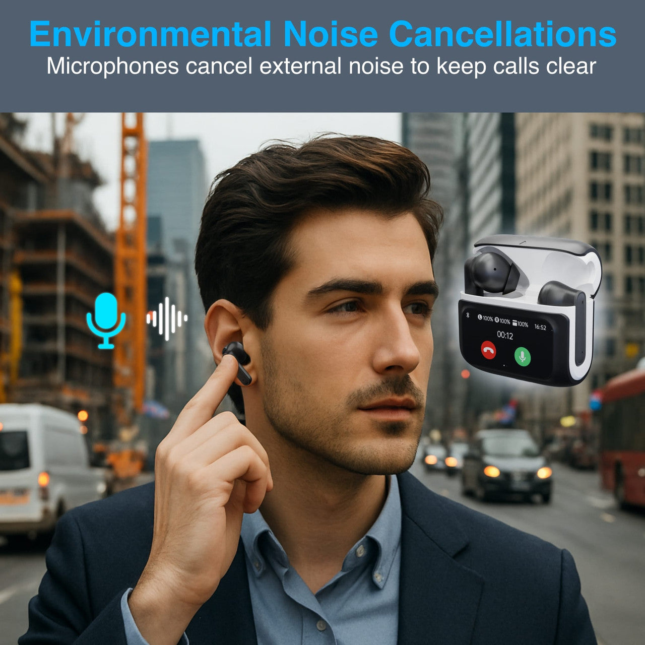 Over Ear Headphones: Laser TWS Earbuds ANC with Touch Display Black