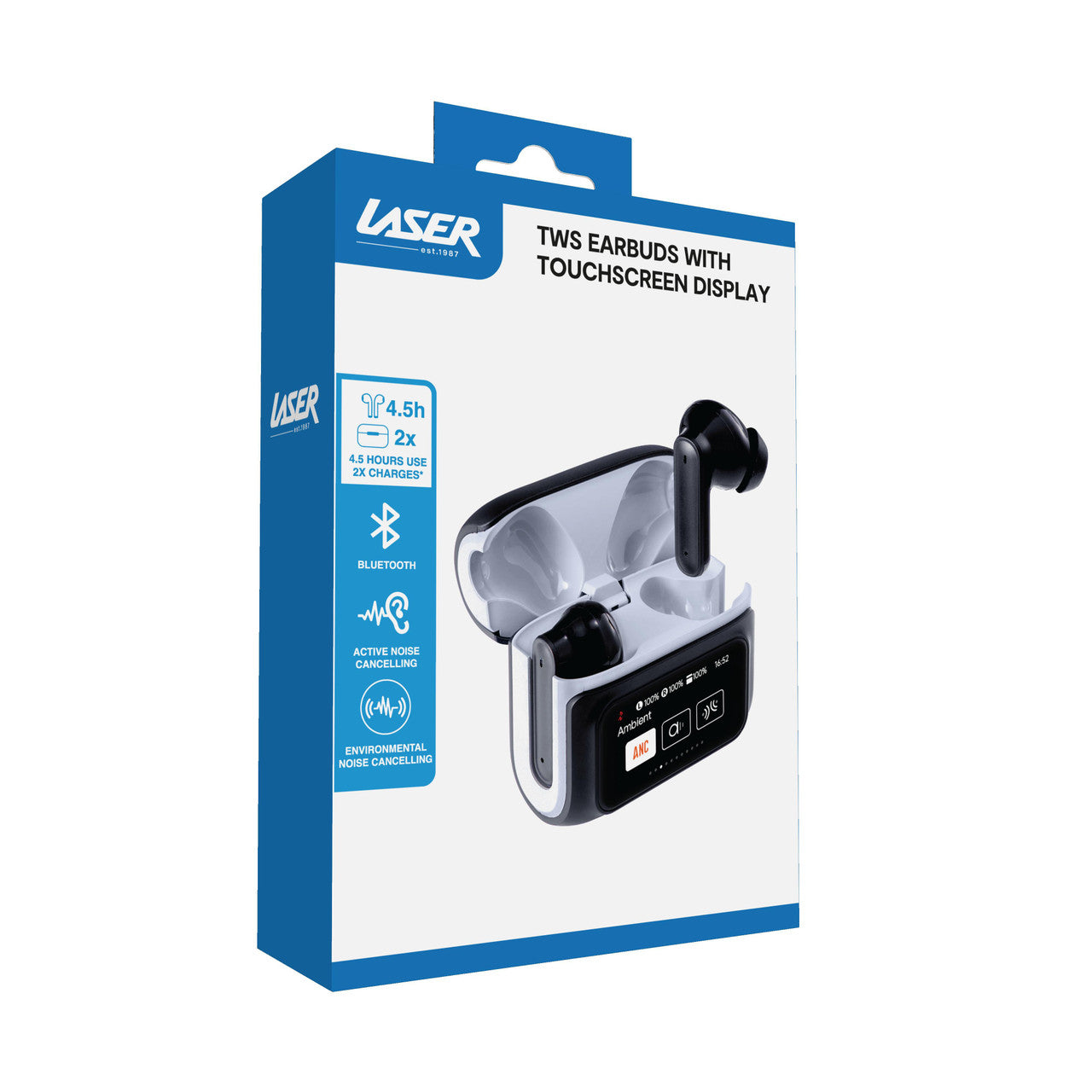 Over Ear Headphones: Laser TWS Earbuds ANC with Touch Display Black
