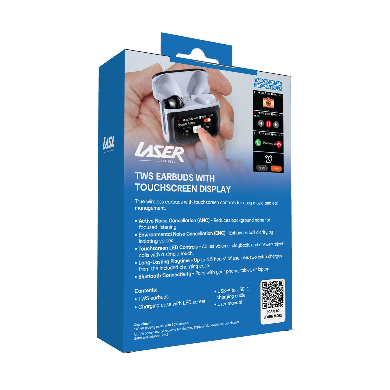 Over Ear Headphones: Laser TWS Earbuds ANC with Touch Display Black