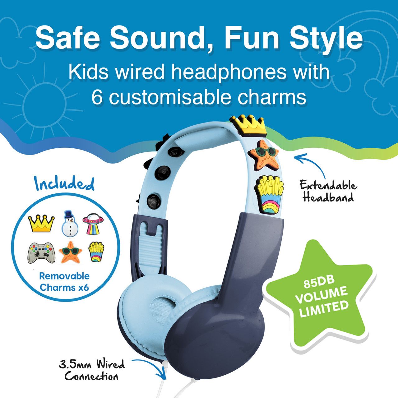 Laser Kids Wired Headphones with Charms Blue