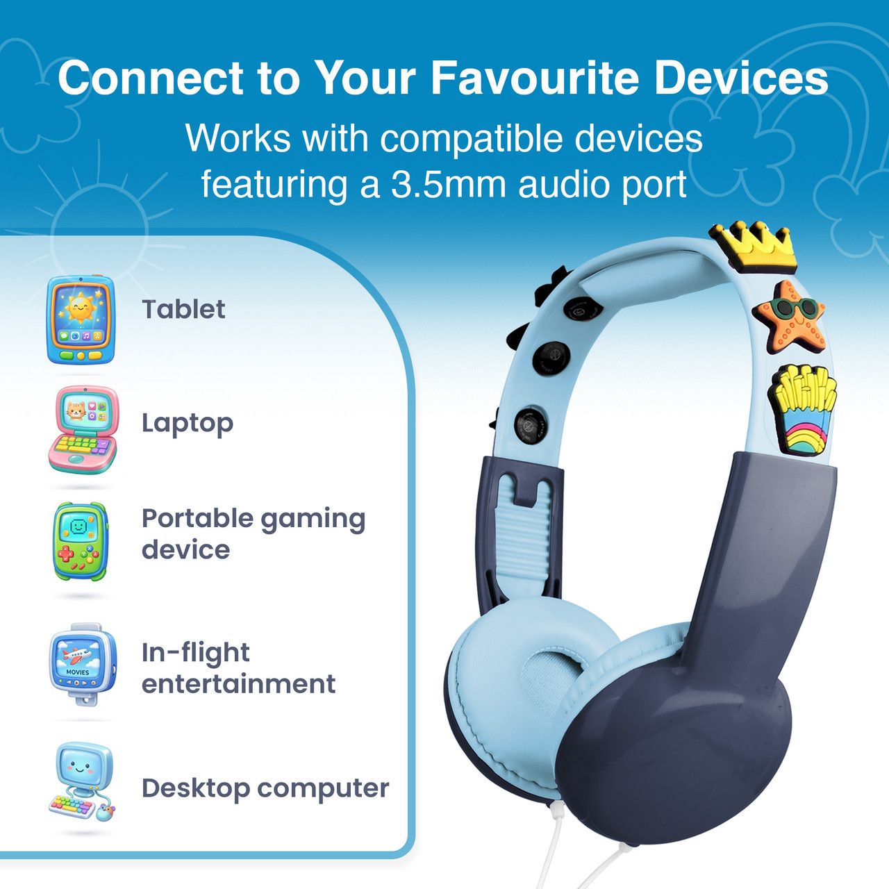 Laser Kids Wired Headphones with Charms Blue