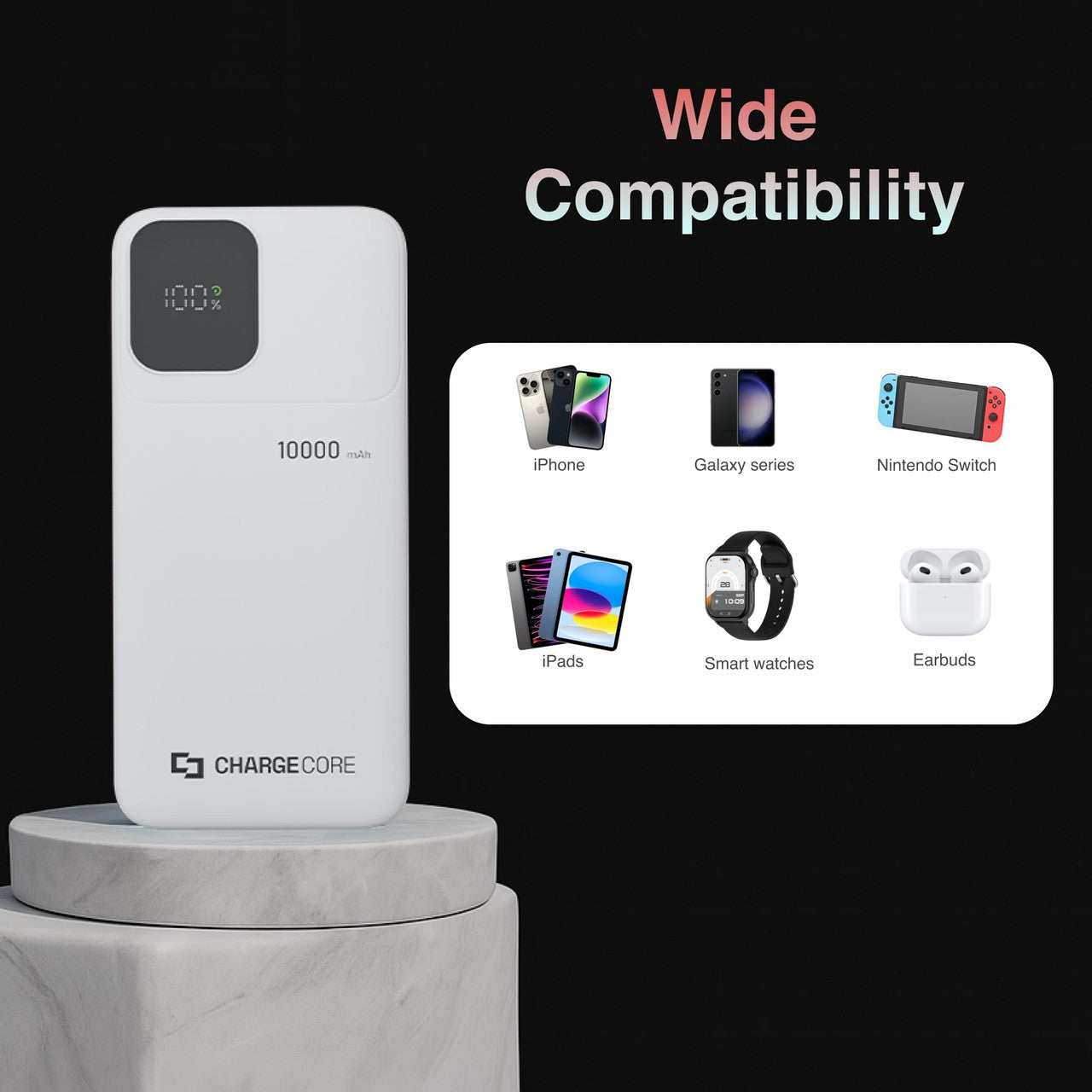 Power Banks & Chargers: ChargeCore SafeCharge Max 10K - White