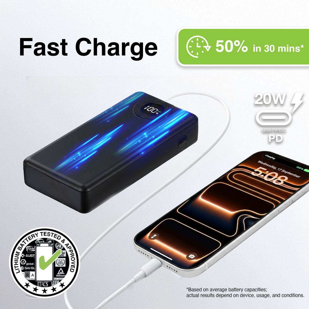 Laser 20000mAh Powerbank Battery Display Black
