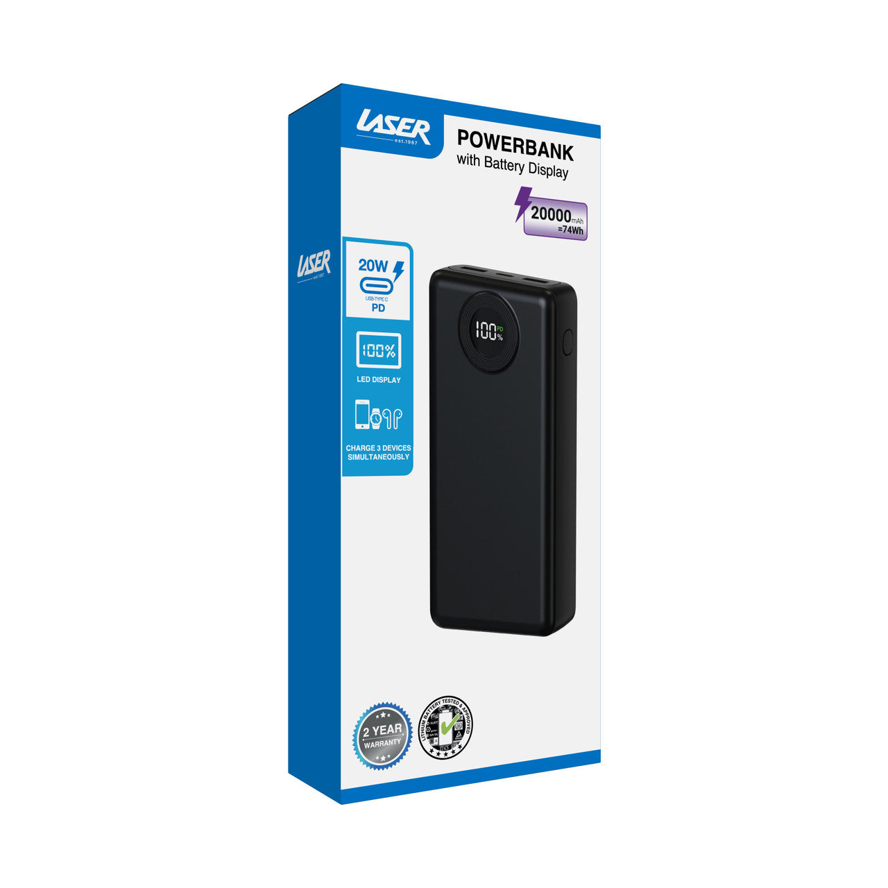 Laser 20000mAh Powerbank Battery Display Black