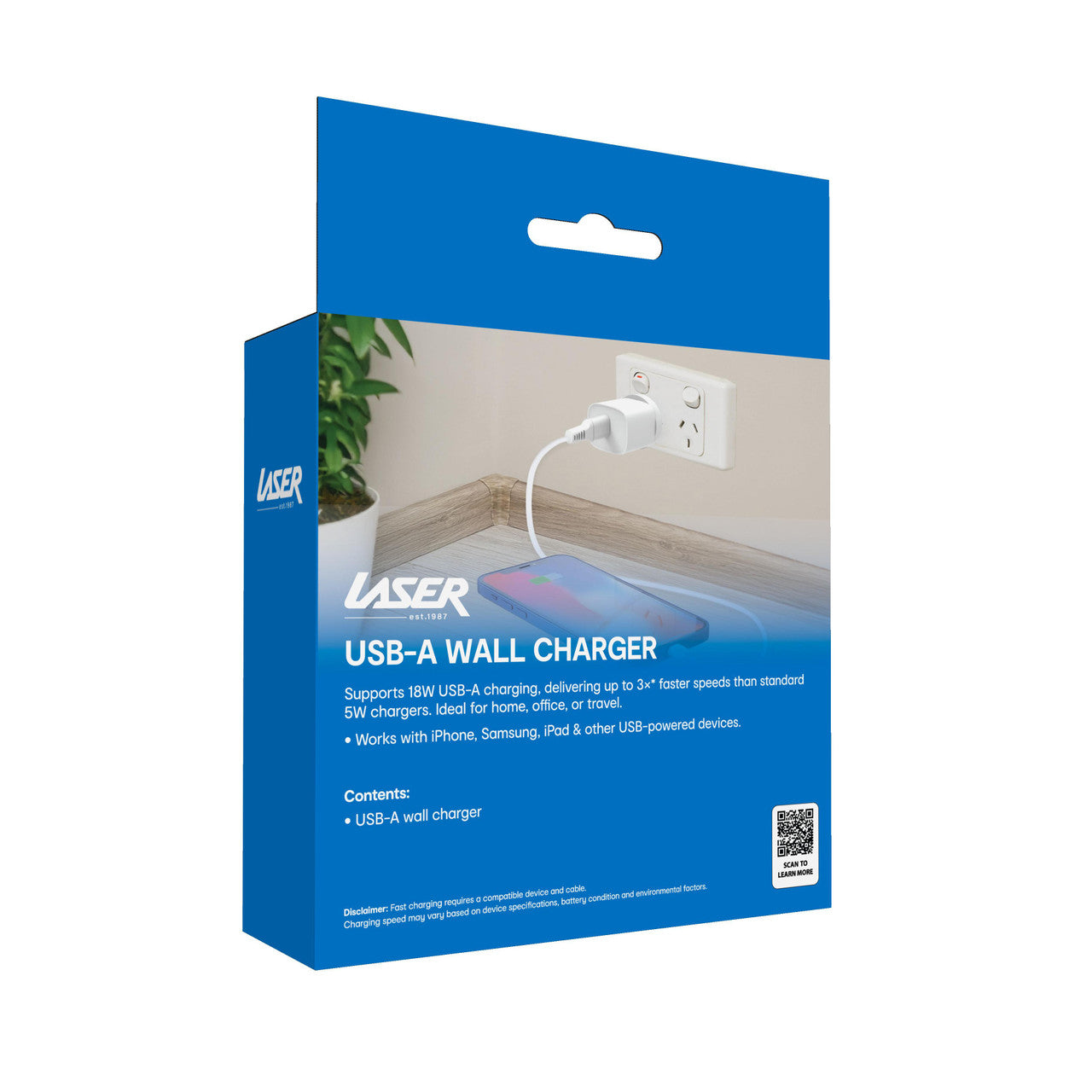 Powerboards & Adapters: Laser USB-A 18W QC3 Wall Charger White