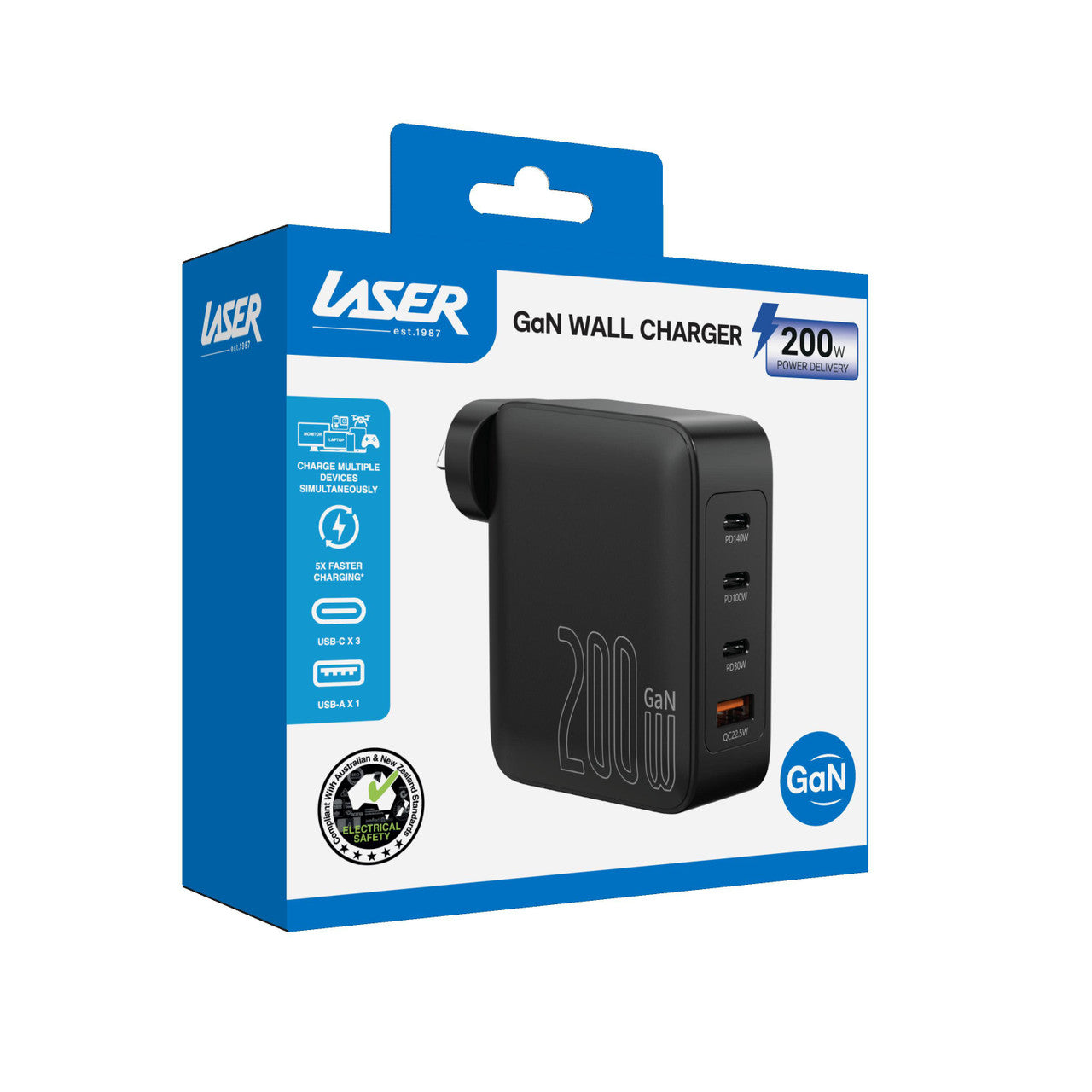 Powerboards & Adapters: Laser PD3.0 200W GaN Wall Charger Black