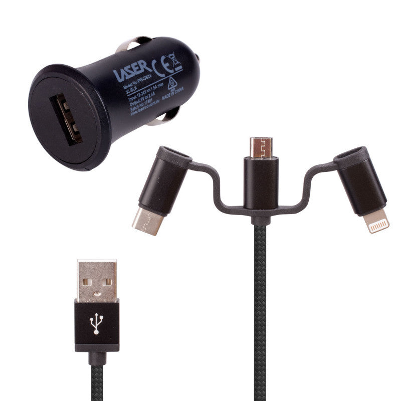 Printers & Accessories: Laser USB Car Charger Black with 3-in-1 Cable: Micro USB, Type-C
