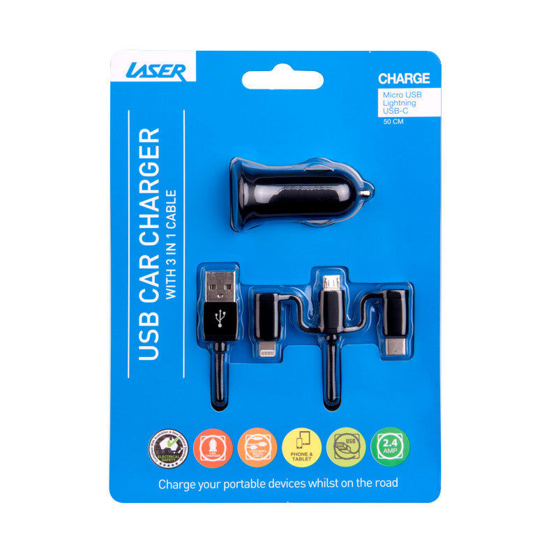 Printers & Accessories: Laser USB Car Charger Black with 3-in-1 Cable: Micro USB, Type-C