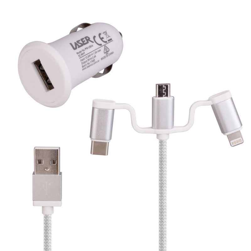 Printers & Accessories: Laser USB Car Charger with 3-in-1 Cable White